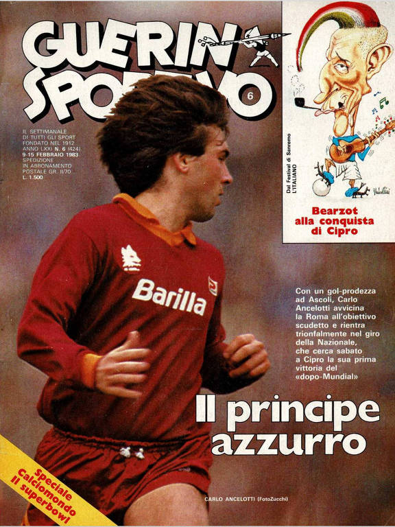 A imagem mostra a capa da revista Guerin Sportivo, com um jogador de futebol em movimento, vestindo um uniforme vermelho com o logotipo da Barilla. O título da revista está no topo, em letras grandes e brancas, e há uma caricatura de um personagem no canto superior direito. Abaixo da imagem do jogador, está escrito 'Il principe azzurro'.