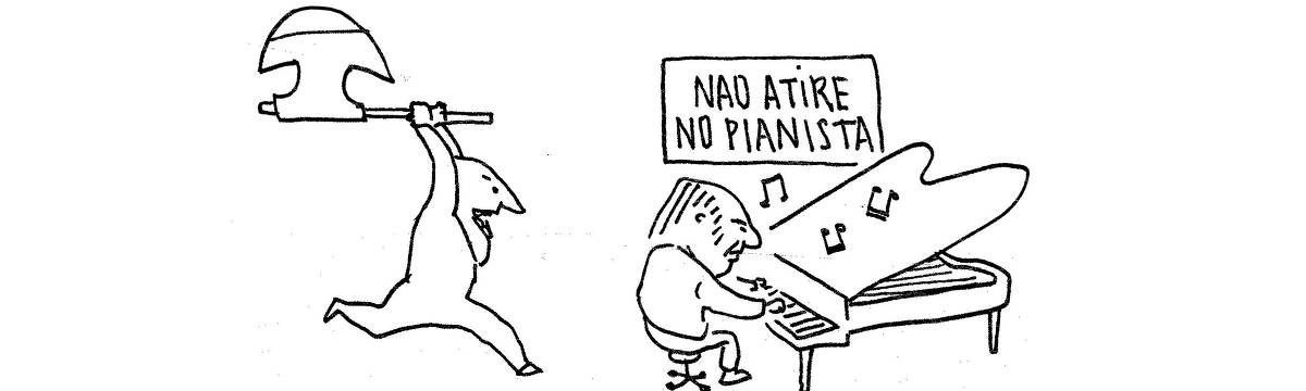 A tira de André Dahmer, publicada em 14.05.2024, tem apenas um quadro. Nele, um homem toca piano. Ao seu lado, uma placa diz: "Não atire no pianista". Atrás do músico, um homem se aproxima com um enorme machado em mãos".