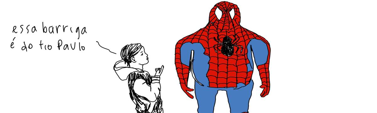 A tirinha de Estela May, publicada em 14/05/25, traz uma criança apontando para um homem-aranha barrigudo. Ela diz “essa barriga é do tio Paulo”.