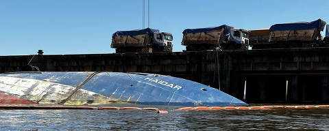 Pará, Navio Haidar permanece parcialmente submerso em Porto de Vila do Conde, em Barcarena (PA), quase dez anos depois de afundar com milhares de cabeças de gado
( Foto: Divulgação/Escritório de advocacia Pogust Goodhead ) DIREITOS RESERVADOS. NÃO PUBLICAR SEM AUTORIZAÇÃO DO DETENTOR DOS DIREITOS AUTORAIS E DE IMAGEM