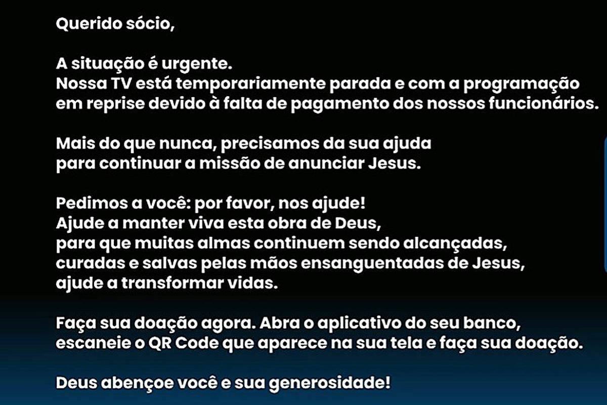 TV católica sai do ar e pede ajuda para pagar funcionários em greve: 'Situação urgente'