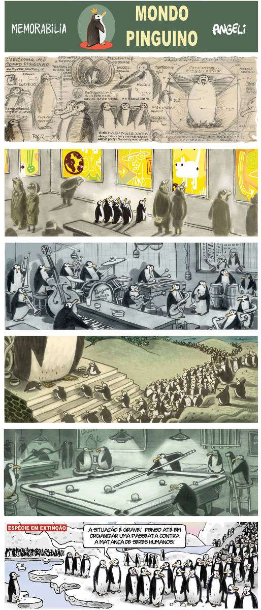 HQ formada por 6 tiras em imagens únicas. Título escrito em branco sobre fundo verde: “Memorabila – MONDO PINGUINO – Angeli”, Há um selo com um pinguim pequeno em preto e branco com uma coroa na cabeça entre as palavras No Quadro 1: Alguns estudos de pinguins desenhados em grafite se sobrepoem, `a equerda  no alto escrito: ‘ L’atonomia del corpo pinguino. Como em livros antigos, setas apontam para a cabeça de um pinguim com o bico grande e comprido. Uma régua `a direita. Dois pinguins de perfil indicam Fig. 2 . em cima um ovo com o pinguim dentro, ao lado um pinguim com a asa esticada e setas direcionam com a palavra muscoli, articolazioni, em baixo três pinguins se entreolhando. Mais `a direita um pinguim vitruviano. No Quadro 2:  Em um ambiente de exposição de arte, grafites coloridos em amarelo vivo, pessoas olham para os quadros, um bando de pinguins pretos e brancos com os bicos amarelos posicionados na frente de uma das obras apreciam o circuito. No Quadro 3: Em um estúdio de gravação, com microfones descend do teto edois pinguins ao fundo com fones de ouvido indicam a gravação de uma banda composta de pinguins . Usando a técnica de aguada, sob um fundo azul acinzentado. Da esquerda para a direita: Pinguins com trompetes, Violoncelo, Bateria, Xilofone um pouco `a frente,  pinguins com Guitarra , Sax e instrumentos de Percussão mais `a direta. Um pianista ao centro mais `a frente da imagem. Na bateria lê-se: Penguin Modern Jazz. No Quadro 4: Uma fila mostra uma procissão de de pinguins sob um terreno com um vale de montanhas verde levam oferendas para uma estátua gigante sob uma base de pedra, com degraus a sua freeente da qual só se vê as patas de pinguins No Quadro 5: Em técnica de aguada, sob um fundo verde a cena mostra um jogo de sinuca . Dois pinguins ao fundo segurando um copo estão dob um banco alto. No centro um pinguim segura o taco em cima da mesa indicando o movimento da jogada. Um pinguim observa ao fundo. Outro sobre um banco alto aponta o taco com um giz. Enquanto um terceiro está fumando na beira da mesa acompanhando o jogo.   No Quadro 6: Escrito em Branco sobre uma caixa vermelha : “Espécie em Extinção”.  A Cena mostra um bando de pinguins que se amontoam sobre uma geleira, com um lago compondo o cenário entre os montes. Dois deles conversam “ A Situação é grave! Penso até em organizer uma passeata contra a matança de seres humanos!”. 
