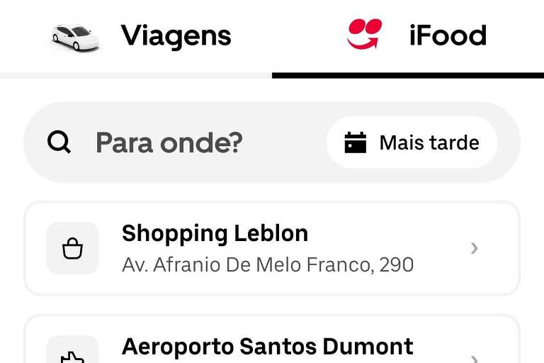 A imagem mostra uma interface de aplicativo com duas seções principais. Na parte superior, há um campo de busca com a frase 'Para onde?' e opções de locais como 'Shopping Leblon' e 'Aeroporto Santos Dumont'. Abaixo, há uma seção de sugestões com ícones para 'Viagens', 'Jovens', 'Mota' e 'Trirato'. Na parte inferior, há um destaque para 'Economize todos os dias' com uma ilustração de uma mulher em um carro. O layout é limpo e moderno, com predominância de cores claras.