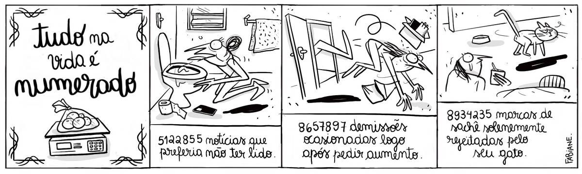 A tira Viver Dói, Fabiane Langona, publicada em 15/05/25 e intitulada “Tudo na vida é numerado, é composta por quatro quadros horizontais, sendo o primeiro, dedicado ao título, onde, logo abaixo vemos uma balança de supermercado com um saco plástico com frutas em cima. Nos quadros seguintes, abaixo das ilustrações, uma legenda narrativa as complementa e descreve. No segundo quadro vemos uma mulher vomitando de joelhos em um vaso sanitário. Ao fundo, há uma janela basculante e uma toalha pendurada. O terceiro mostra uma mulher sendo demitida com um chute nas nádegas voando pela porta da firma com sua bolsa e uma caixa de pertences. O terceiro quadro mostra um gato ignorando um prato de comida enquanto uma mulher o observa com aspecto triste.     No quadrinho 1, o título diz: “Tudo na vida é numerado.”.   No quadrinho 2, a legenda narrativa diz: "5124855 notícias que preferia não ter lido."  No quadrinho 3, a legenda narrativa diz: "8657897 demissões ocasionadas logo após pedir aumento."  No quadrinho 4, a legenda narrativa diz: "8934235 marcas de sachê solenemente rejeitadas pelo seu gato.”.