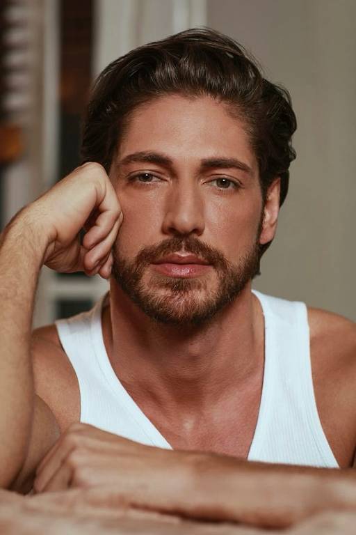 Um homem com cabelo castanho escuro e barba, usando uma camiseta branca, está posando com o rosto apoiado na mão. Ele tem uma expressão séria e está olhando diretamente para a câmera. O fundo é desfocado, sugerindo um ambiente interno, possivelmente uma sala de estar.
