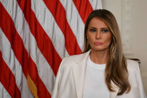 US First Lady Melania Trump attends the unveiling of a US Postal Service stamp of former First Lady Barbara Bush in the East Room of the White House on May 8, 2025, in Washington, DC. (Photo by Drew ANGERER / AFP)