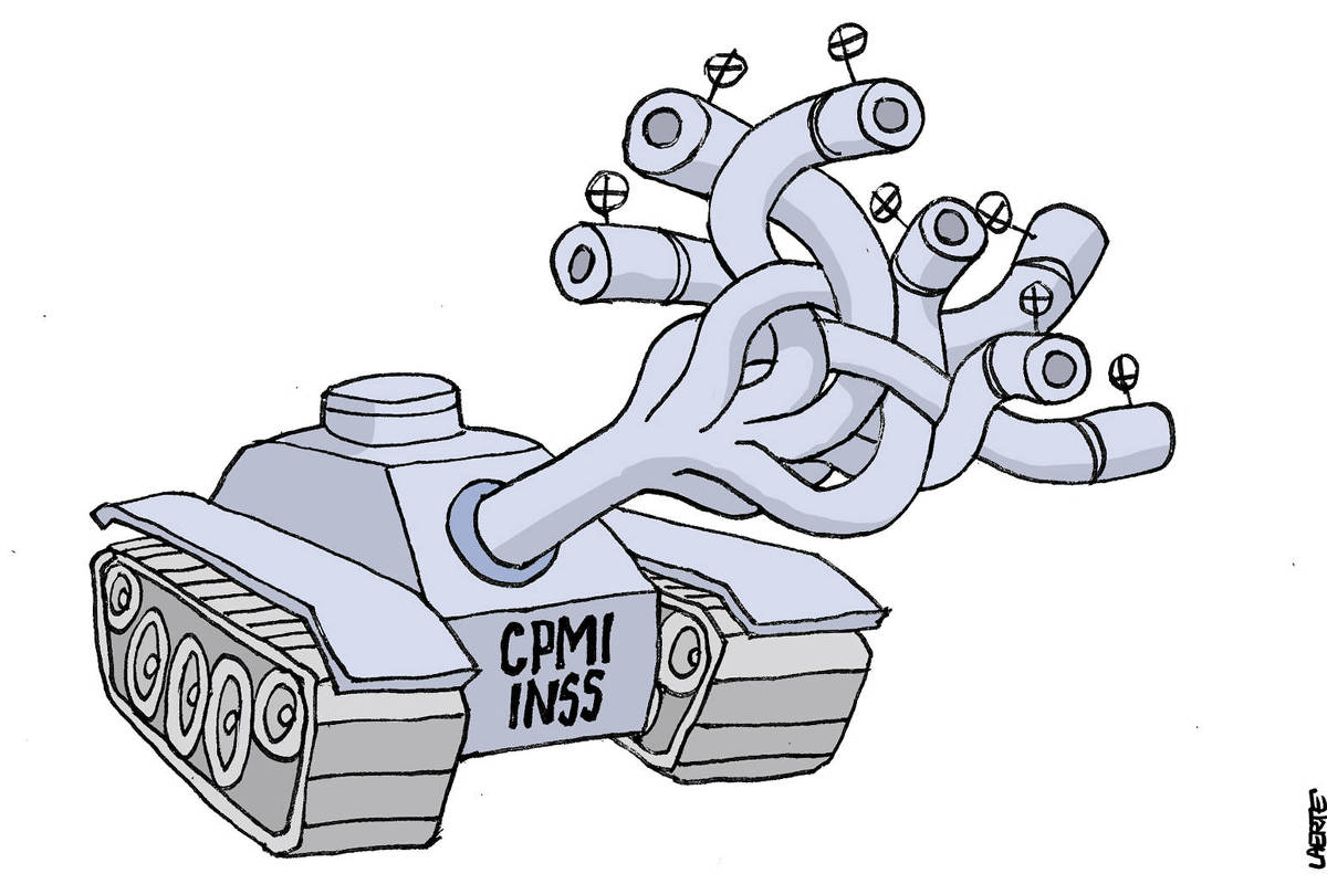 Um tanque de guerra, em que está escrito “CPMI - INSS”. O cano de seu canhão, a partir de um pouco, se multiplica em vários sub-canos, que se alongam e apontam para várias direções.
