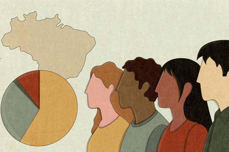 A ilustração mostra 4 pessoas de perfil, um asiático, uma indígena, um negro e uma mulher branca. Há hum gráfico e um mapa do brasil ao fundo.