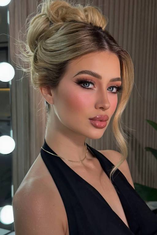 A imagem mostra uma mulher com cabelo loiro preso em um coque bagunçado. Ela está usando uma blusa preta e apresenta uma maquiagem bem elaborada, com destaque para os olhos e lábios. Ao fundo, há um espelho com luzes e uma planta verde visível.