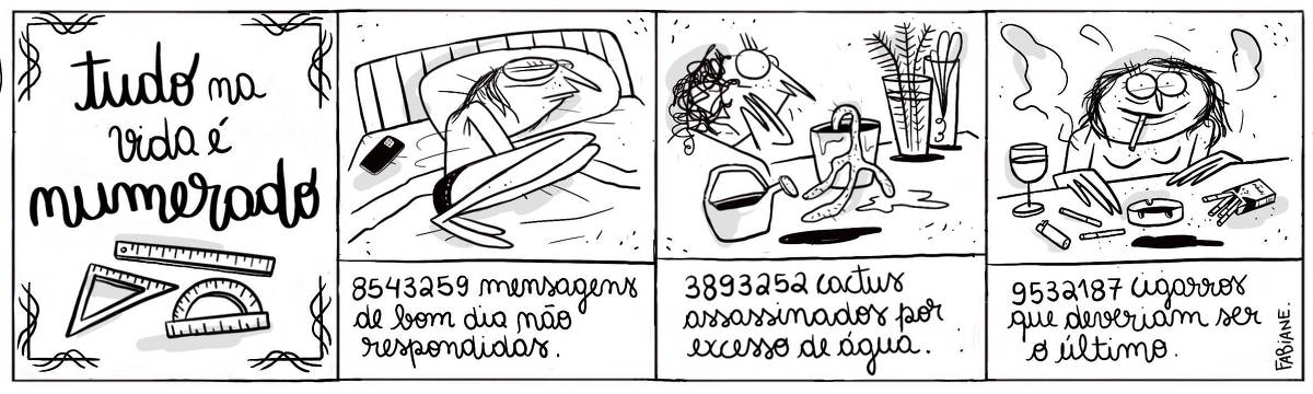 A tira Viver Dói, Fabiane Langona, publicada em 16/05/25 e intitulada “Tudo na vida é numerado, é composta por quatro quadros horizontais, sendo o primeiro, dedicado ao título, onde, logo abaixo vemos   um conjunto de réguas. Nos quadros seguintes, abaixo das ilustrações, uma legenda narrativa as complementa e descreve. No segundo quadro vemos uma mulher em posição fetal na cama com expressão exausta  virada de costas para um aparelho celular. No terceiro quadro, vemos uma mulher em frente a uma prateleira de plantas. Sua face expressa prováveis questionamentos internos. Ao seu lado vemos um regador de plantas e, em sua frente, um cacto murcho totalmente morto. No quarto quadro, vemos uma mulher com atrás de um balcão com uma taça de vinho e um cigarro na boca. Em sua frente, na base do balcão, há um maço de cigarros com alguns pra fora e outros soltos. Um cinzeiro e um isqueiro compõe o cenário.    No quadrinho 1, o título diz: “Tudo na vida é numerado.”.   No quadrinho 2, a legenda narrativa diz: “8543259 mensagens de bom dia não respondidas.”.  No quadrinho 3, a legenda narrativa diz: “3893252 cactos assassinados por excesso de água.”.  No quadrinho 4, a legenda narrativa diz: “9532187 cigarros que deveriam ser o último.”.