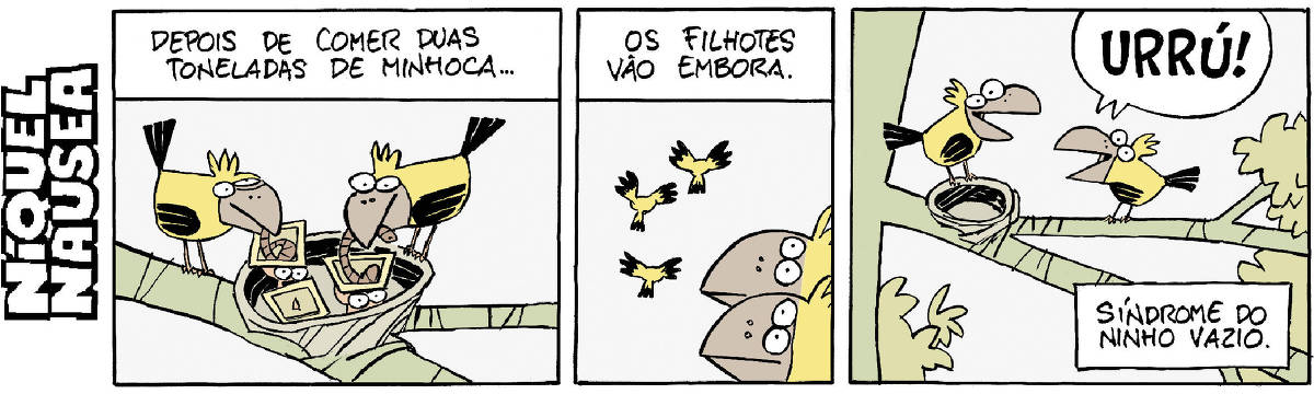Quadrinho 01- Legenda: Depois de comer duas toneladas de minhoca... Um casal de pássaros está alimentando três passarinhos que estão num ninho. Os passarinhos estão com os bicos abertos, comendo as minhocas oferecidas. Quadrinho 02- Legenda: Os filhotes vão embora. Os pais estão muito atentos observando os três filhotes voando, indo embora do ninho. Quadrinho 03- O casal está pousado no galho, ao lado do ninho vazio. O casal grita alegremente: Urrú!