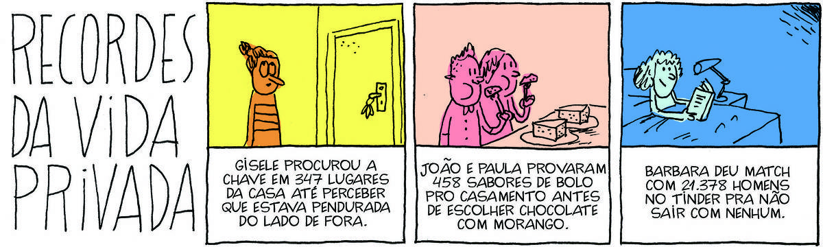 A tirinha Bicudinho, pulblicada em 19/05/25, traz o título RECORDES DA VIDA PRIVADA. No quadrinho 1, uma mulher está ao lado de uma porta com a chave na fechadura. Abaixo, a legenda: Gisele procurou a chave em 347 lugares da casa até perceber que estava pendurada do lado de fora. No quadrinho 2, um casal come bolo. Abaixo, a legenda: João e Paula provaram 458 sabores de bolo pro casamento antes de escolher chocolate com morango. No quadrinho 3, uma mulher lê um livro na cama. Abaixo, a legenda: Barbara deu match com 21.378 homens no tinder pra não sair com nenhum.
