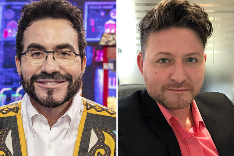 A imagem é dividida em duas partes. À esquerda, um homem com barba e óculos, vestindo uma jaqueta colorida com detalhes em amarelo, sorrindo. À direita, um homem com cabelo curto e bem arrumado, usando uma camisa rosa e um paletó escuro, olhando para a câmera com uma expressão neutra.