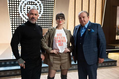Henrique Fogaça (à esquerda), Helena Rizzo e Erick Jacquin na nova temporada do MasterChef