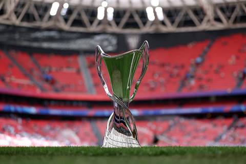 The championship's trophy is displayed on the pitch prior to the UEFA Women's Champions League final football match between FC Barcelona and  Olympique Lyonnais at the San Mames stadium in Bilbao on May 25, 2024. (Photo by Thomas COEX / AFP)