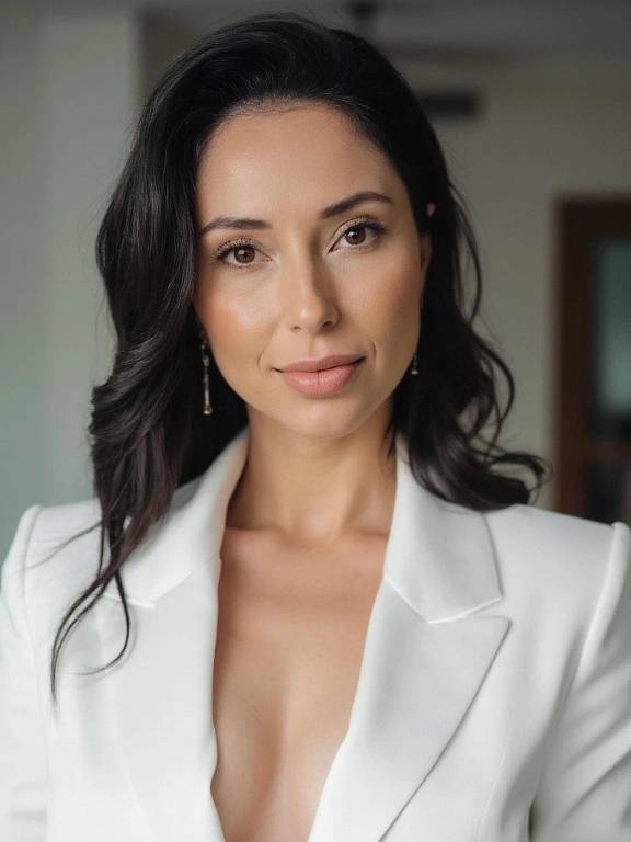 A imagem mostra uma mulher com cabelo longo e ondulado, usando um blazer branco. Ela está em um ambiente interno, com uma expressão serena e confiante. O fundo é desfocado, mas é possível ver uma parede e uma janela ao fundo.