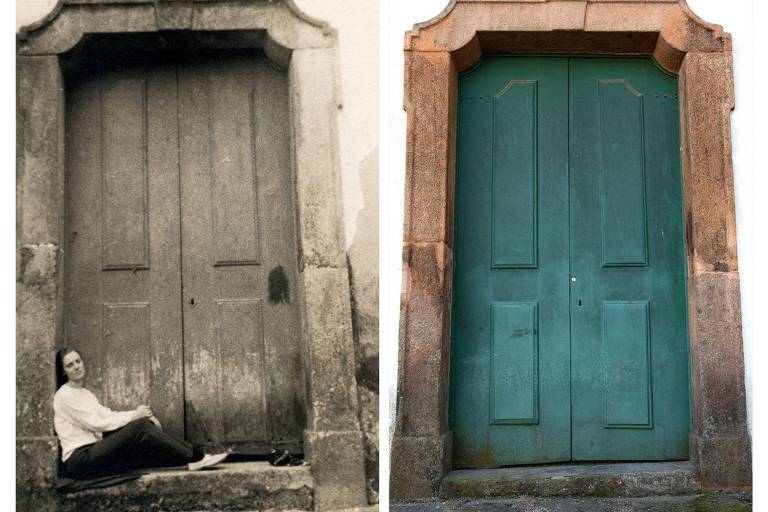 A imagem apresenta uma comparação entre duas portas. À esquerda, uma fotografia antiga em preto e branco de uma porta de madeira, com uma mulher sentada ao lado, mostrando sinais de desgaste e sujeira. À direita, uma fotografia colorida da mesma porta, agora restaurada e pintada de verde, com detalhes mais nítidos e uma aparência mais limpa. Ambas as portas têm molduras de pedra ao redor.