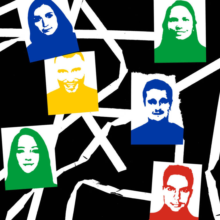 A imagem apresenta seis retratos estilizados de pessoas, dispostos em um fundo preto. Cada retrato é emoldurado em uma cor diferente: azul, verde, amarelo, vermelho e duas em branco. As faces estão em um estilo gráfico, com traços simplificados. Linhas brancas cruzam o fundo, criando um padrão dinâmico.
