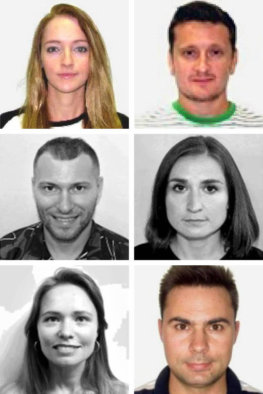 A imagem apresenta uma grade com seis retratos de pessoas. Os retratos estão organizados em duas colunas e três linhas. As pessoas têm diferentes estilos de cabelo e expressões faciais. A primeira linha contém duas mulheres e um homem, enquanto a segunda linha apresenta três homens e uma mulher. O fundo é claro e as imagens têm um estilo de retrato padrão.