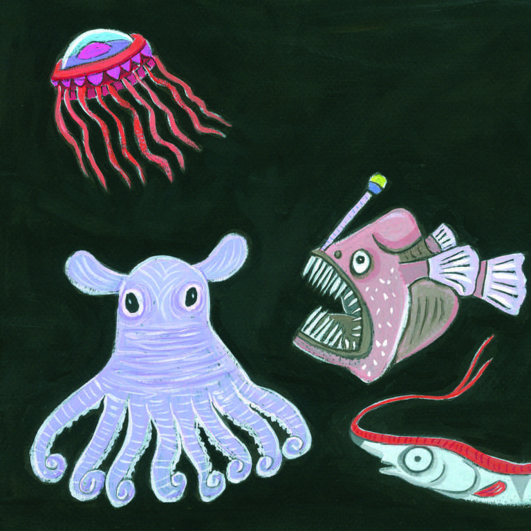 A imagem apresenta uma ilustração de várias criaturas marinhas em um fundo preto. No canto superior esquerdo, há uma água-viva com tentáculos longos e coloridos. No centro, um polvo de cor lilás com tentáculos se destaca. À direita, um peixe com uma boca grande e dentes afiados, e abaixo dele, um peixe menor com um corpo alongado e uma linha vermelha. As criaturas são desenhadas de forma estilizada e colorida.