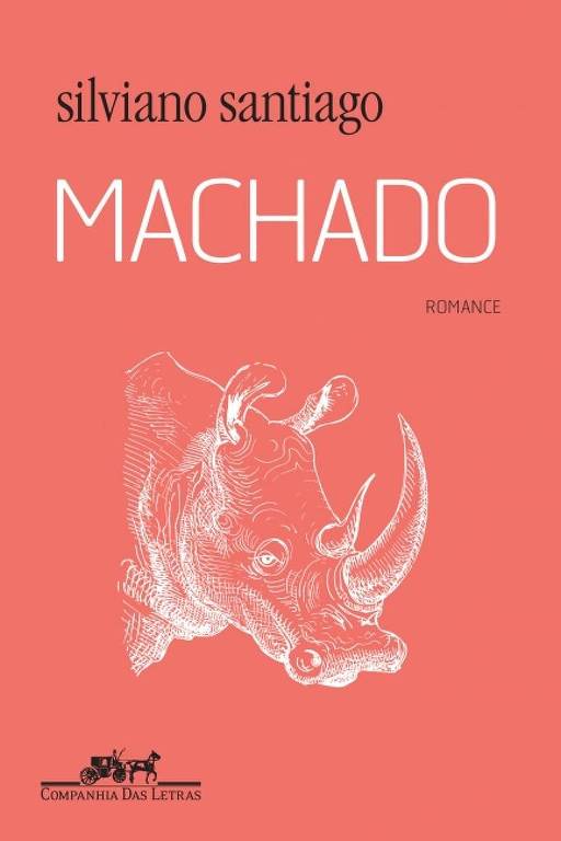 A capa do livro 'Machado' de Silviano Santiago apresenta um fundo rosa e uma ilustração de um rinoceronte em linha branca. O título 'MACHADO' está em letras grandes e brancas, enquanto o nome do autor, 'silviano santiago', está posicionado na parte superior em letras menores. A palavra 'ROMANCE' está escrita em letras maiúsculas na parte inferior da capa.
