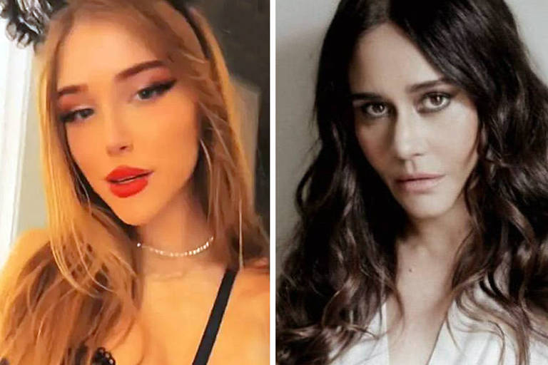 A imagem apresenta duas mulheres em retratos separados. À esquerda, uma mulher com cabelo longo e liso, usando um top preto e colar, com maquiagem destacando os lábios vermelhos. À direita, uma mulher com cabelo castanho escuro e ondulado, vestindo uma blusa branca, com uma expressão séria e maquiagem suave.