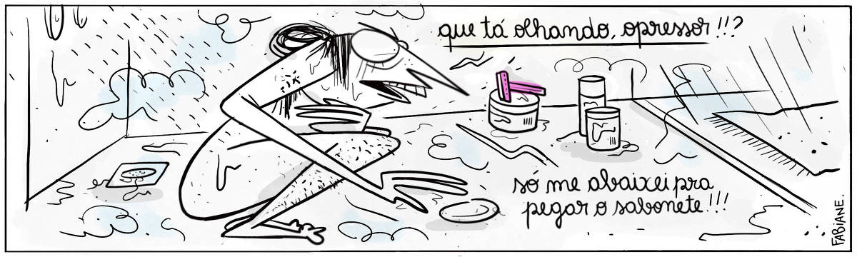 A tira Viver Dói, de Fabiane Langona, publicada em 23/05/25 é composta por um único quadro horizontal. A cena mostra o interior de um box de banheiro, onde vemos uma moça em um momento de higiene pessoal (leia-se tomando banho). Ela está abaixada, molhada e suas pernas são extremamente cabeludas. Enquanto junta um sabonete no chão, ela olha com fúria para um aparelho de “barbear” rosa que encontra-se em cima de um pote de creme para cabelos.  No quadrinho 1, a moça diz na direção do aparelho depilatório : “Que tá olhando, opressor!?? Eu só me abaixei pra juntar o sabonete!!!”. 