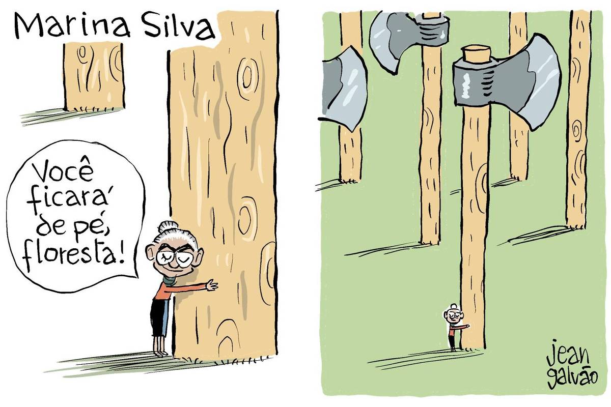 Charge de Jean Galvão tem dois quadros. No primeiro, a ministra Marina Silva, do Meio Ambiente, abraça o tronco de uma grande árvore e diz: “Você ficará de pé, floresta!”. No segundo, com a cena aberta, percebe-se que o que ela abraça é o cabo de um machado gigante. Há outros iguais, ao redor.