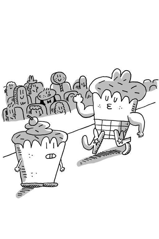 Ilustração de Caco Galhardo para o livro 'As Incríveis Aventuras do Super-herói Cupcake Gigante e seu Fiel Escudeiro Jarbas', de Paulo Henriques Britto (ed. 34)