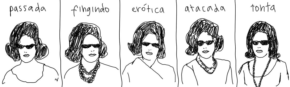 A tirinha em preto e branco de Estela May, publicada em 24/05/25, traz cinco desenhos de uma mesma mulher. Ela tem cabelo preto e usa óculos escuros. Em cima de cada desenho, uma palavra diferente: “passada, fingindo, erótica, atacada, tonta”.