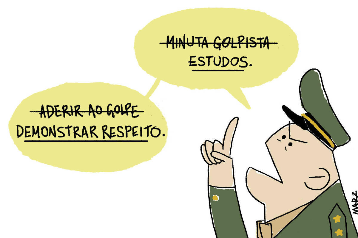Charge de Marília Marz mostra um militar irritado dizendo: "Minuta golpista". Porém esse termo está riscado e abaixo lemos: "Estudos". O mesmo acontece com outra afirmação dele: "Aderir ao golpe". Ela está riscada e abaixo está escrito "Demonstrar respeito".