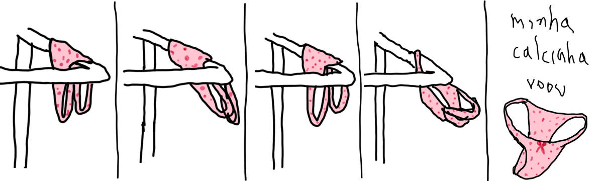 A tirinha de Estela May, publicada em 26/05/25, traz, em quatro quadros, uma calcinha rosa pendurada balançando com o vento. No quinto e último quadro, a calcinha voando, e em cima, “minha calcinha voou”.