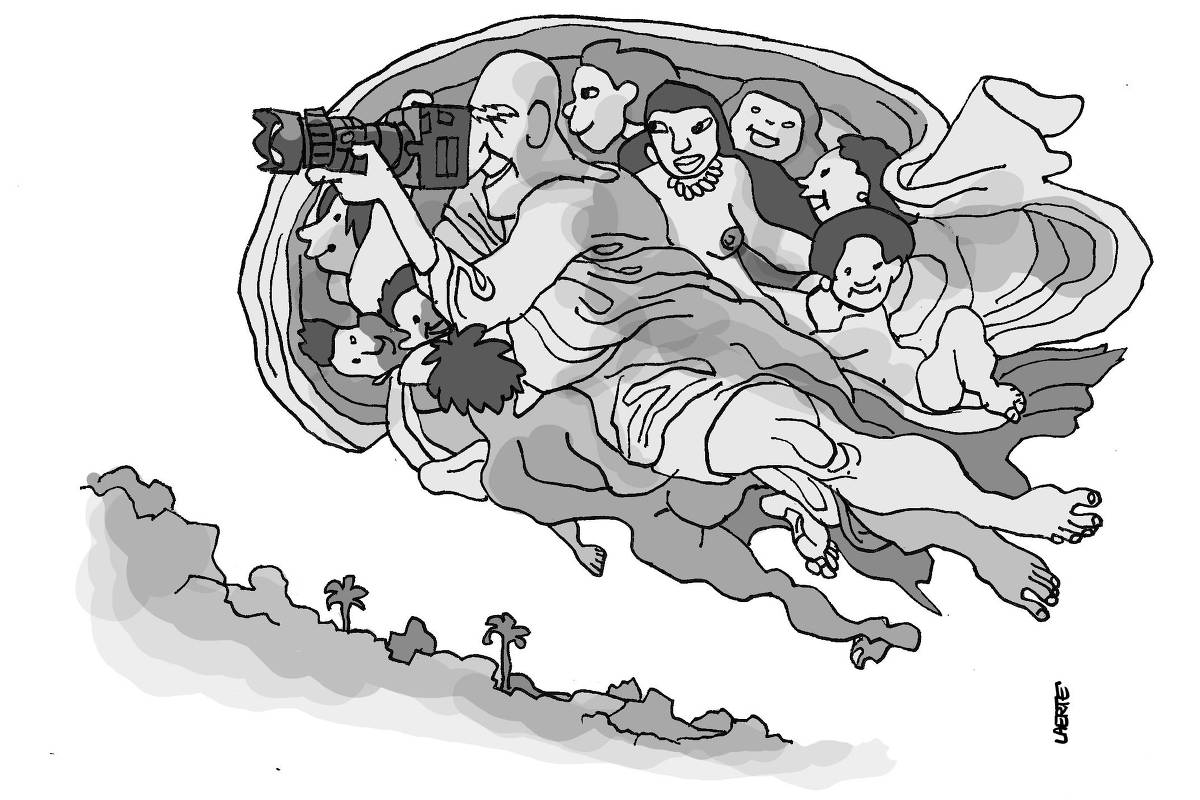 Desenho de Laerte retratando Sebastião Salgado como o Deus de Michelangelo, na Criação de Adão da Capela Sistina. Ele está cercado de anjos indígenas e fazendo fotos com uma máquina.