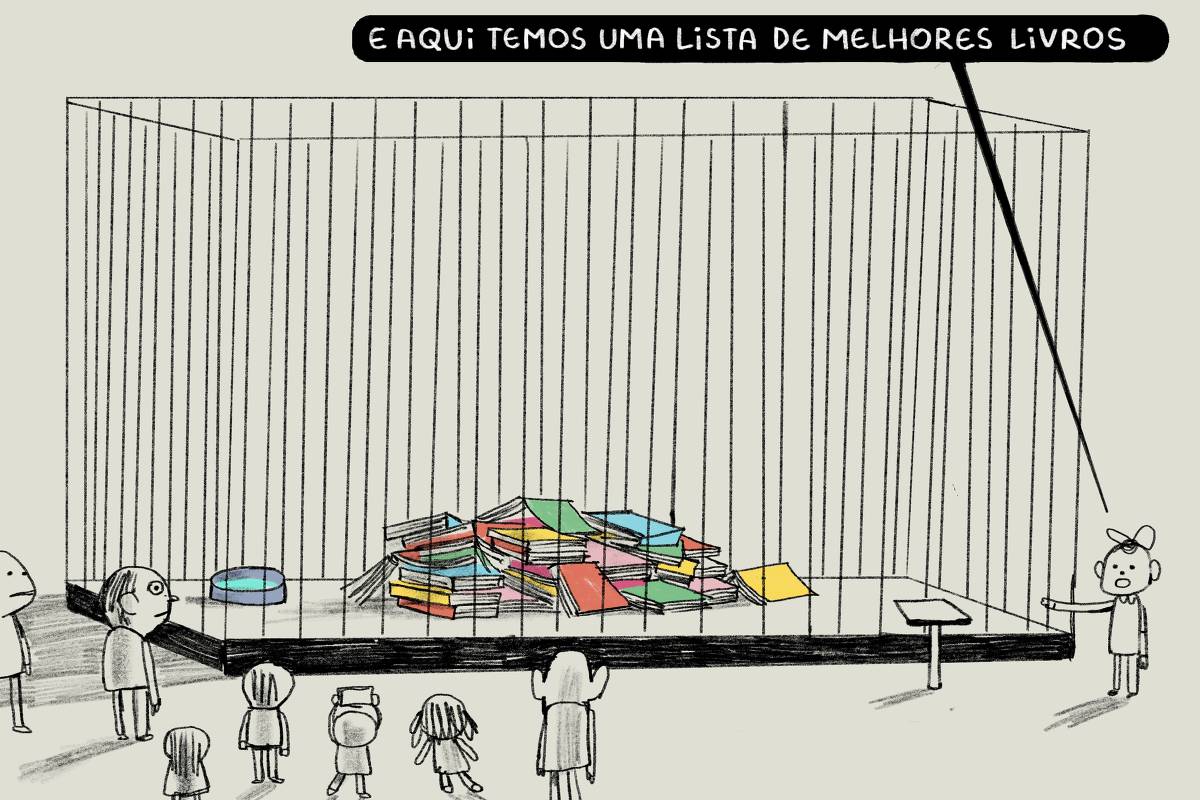 A imagem mostra uma cena com várias pessoas observando uma pilha de livros coloridos em uma jaula. Uma criança com um boné na cabeça, está apontando para a pilha de livros, enquanto as outras observam com uma expressão de curiosidade. A criança diz: 'E aqui, temos uma lista de melhores livros'.