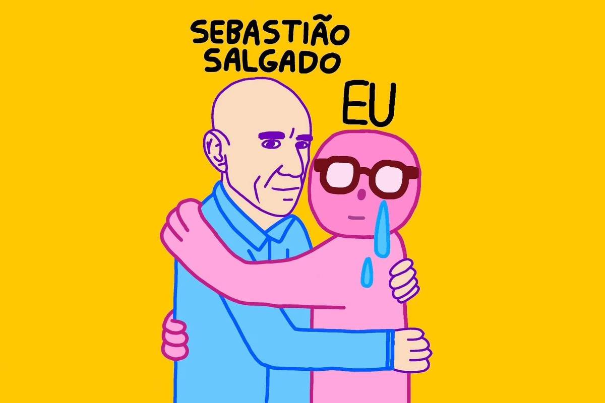A imagem apresenta uma ilustração em estilo cartoon com um fundo amarelo. No centro, um homem careca, vestido com uma camisa azul, está abraçando uma figura rosa que usa óculos e tem uma expressão triste, com uma lágrima escorrendo. Acima deles, está escrito 'SEBASTIÃO SALGADO' e 'EU'.