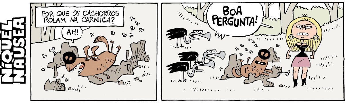 Quadrinho 01- Legenda: Por que os cachorros rolam na carniça? Um cão está totalmente feliz rolando sobre uma carniça. Quadrinho 02- O cão está no centro do quadrinho. Do lado esquerdo, três urubus e do lado direito, sua dona, uma moça bonitona. Eles exclamam: Boa pergunta!