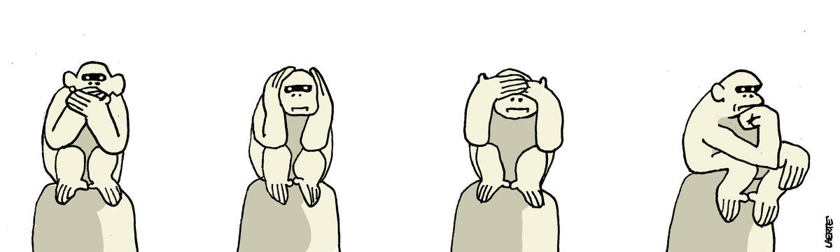 Tira de Laerte, em um único desenho. No desenho, quatro estatuetas de macaquinhos - as 3 primeiras são as clássicas dos macaquinhos sábios: um cobre a boca com as mãos, outro tampa os ouvidos e outro cobre os olhos. O quarto macaquinho da tira está na mesma pose da estátua do Pensador, de Rodin.