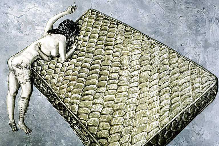 A imagem apresenta uma figura humana de costas, reclinada sobre um colchão. A figura é parcialmente nua e está posicionada de forma a descansar a cabeça sobre o colchão, com um braço estendido. O colchão é de cor verde e possui um padrão de costura visível. O fundo da imagem é de um tom cinza, criando um contraste com a figura e o colchão.