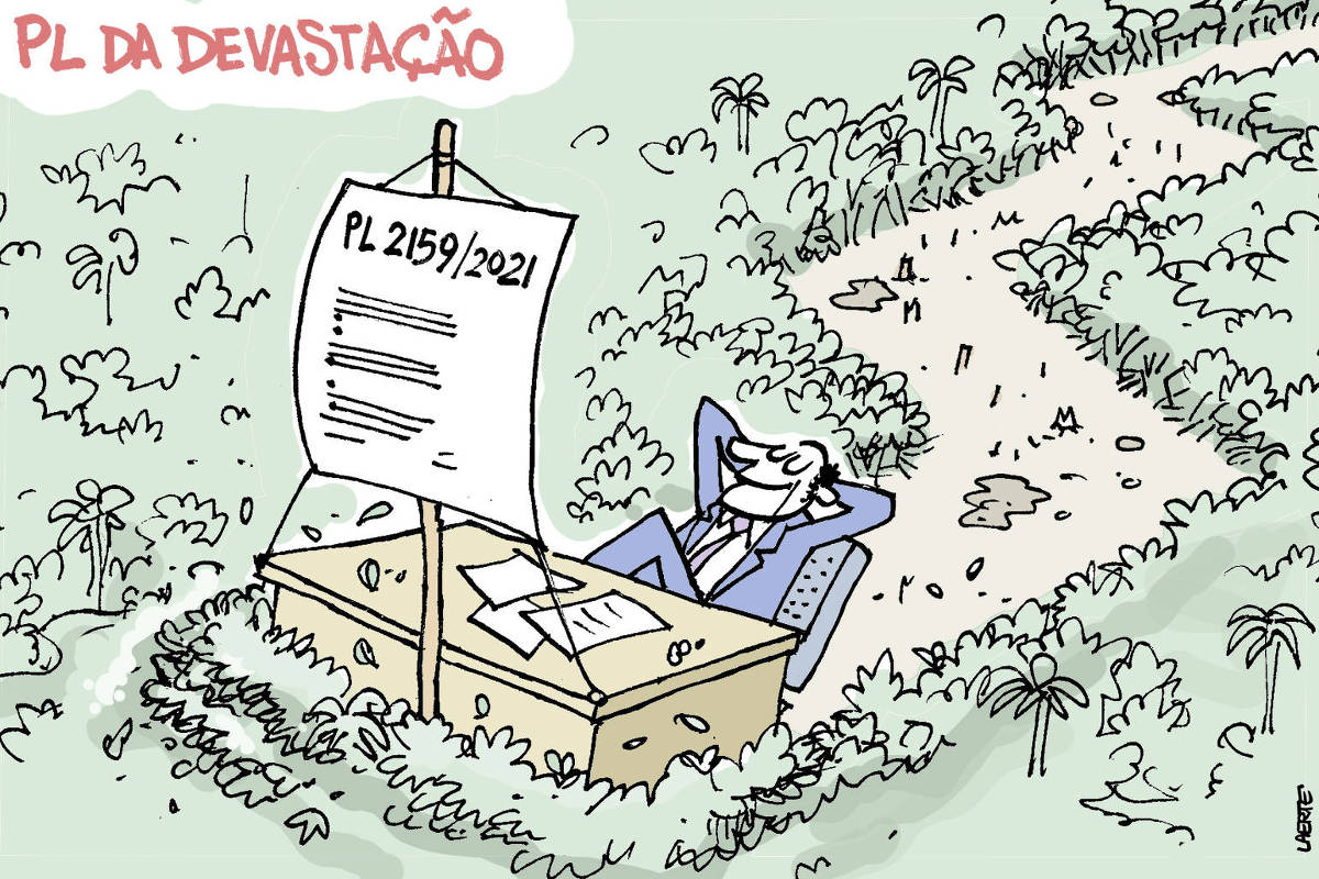 Charge de Laerte, com o título “PL DA DEVASTAÇÃO” Um homem de paletó e gravata, sentado em sua mesa de trabalho como se fosse um navio, avança sobre uma floresta extensa, deixando atrás de si um terreno devastado. À frente de sua mesa há um mastro, no qual está presa, como uma vela enfunada, uma grande folha de papel onde está escrito “PL 2159/2021”