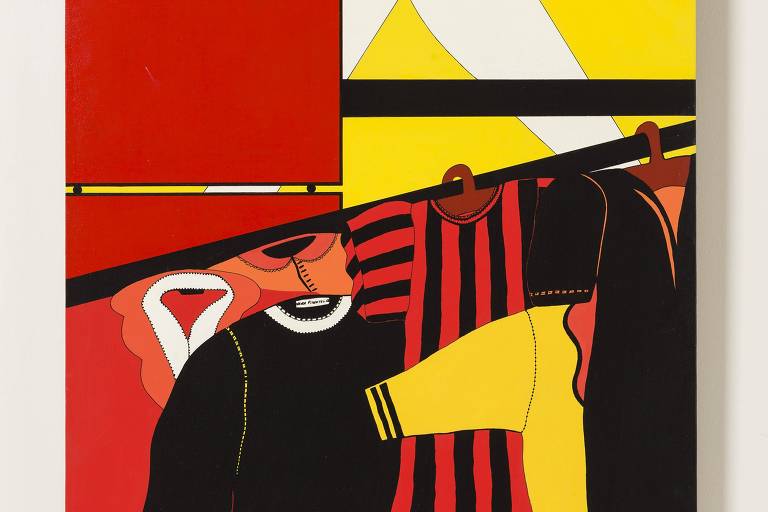 A imagem apresenta uma pintura abstrata com predominância de cores vivas como vermelho, amarelo e preto. A composição inclui formas geométricas e elementos que lembram roupas penduradas, com um fundo dividido em seções de cores. Há um detalhe em forma de triângulo e linhas que se cruzam, criando um efeito dinâmico. No canto superior esquerdo, há um pequeno dispositivo de calibração de cores.