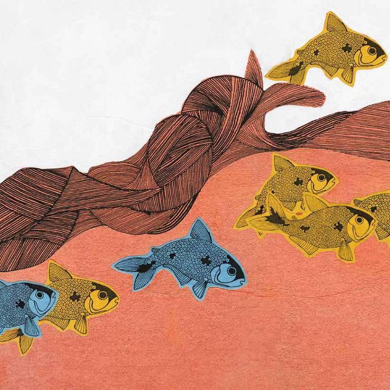 A imagem apresenta uma composição artística com peixes coloridos. Há três peixes amarelos e um peixe azul nadando em um fundo laranja, que parece ter uma textura. Acima dos peixes, há uma representação de um elemento marrom que se assemelha a uma fita ou corda, adicionando um contraste ao cenário.