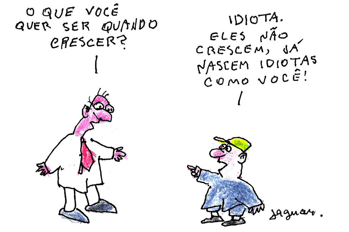 A imagem é uma tira de humor com dois personagens. À esquerda, um homem com um jaleco branco e gravata vermelha pergunta: 'O que você quer ser quando crescer?'. À direita, uma criança com um boné amarelo responde: 'Idiota. Eles não crescem, já nascem idiotas como você!'. A arte é colorida e caricatural, com traços simples e expressões exageradas.