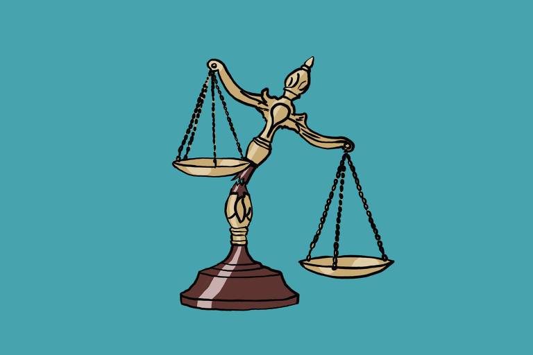 A imagem mostra uma balança da justiça, que é um símbolo tradicional do direito e da equidade. A balança é dourada e está apoiada em uma base marrom. O fundo da imagem é de uma cor azul clara.