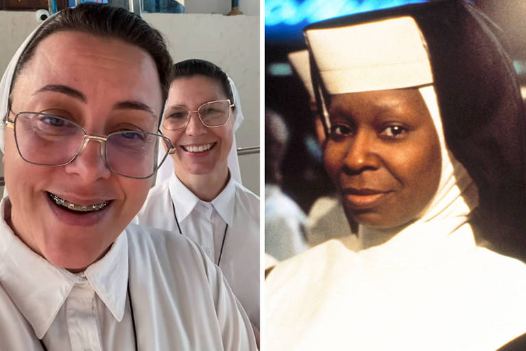 A imagem é dividida em duas partes. À esquerda, duas mulheres sorrindo, vestindo trajes de freiras brancas, com óculos e um ambiente claro ao fundo. À direita, uma mulher com pele escura, também vestindo um traje de freira branco e um véu, olhando para a câmera com uma expressão séria. O fundo é desfocado, mas parece ter luzes azuis.