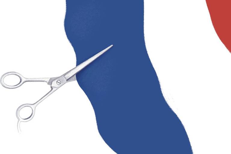 Da esquerda para direita uma tesoura de ponta fina começa a cortar a bandeira da França. 