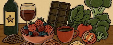Alimentos como frutas vermelhas, leguminosas, verduras, cacau, café e vinho são ricos em polifenóis, que ajudam no envelhecimento saudável
