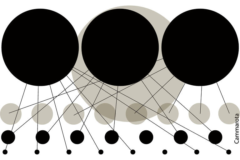 A imagem apresenta um gráfico abstrato com três grandes círculos pretos dispostos horizontalmente no topo. Abaixo, há uma série de círculos menores em tons de cinza, dispostos em uma linha. Linhas pretas conectam os círculos grandes aos círculos menores, criando uma rede visual. O fundo é branco e há uma assinatura no canto inferior direito com o nome 'Cammarota'.