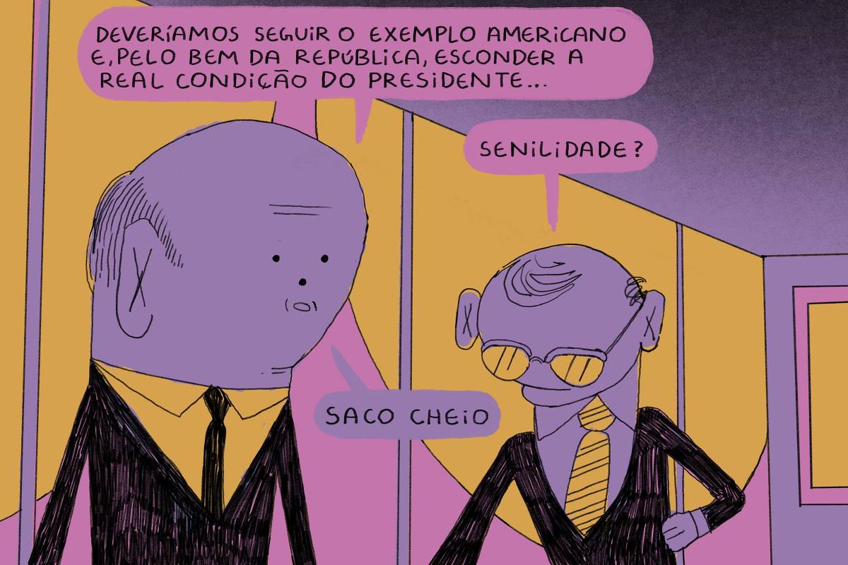 A imagem é uma tira de quadrinhos com dois personagens. O primeiro personagem, com uma cabeça grande e careca, está vestido com uma camisa e gravata. Ele diz: 'Deveríamos seguir o exemplo americano e, pelo bem da república, esconder a real condição do presidente...'. O segundo personagem, que usa óculos e uma gravata, responde: 'Sensibilidade?'. A cena tem um fundo colorido, com tons de rosa e amarelo, e os personagens têm um estilo de desenho simples e caricatural.