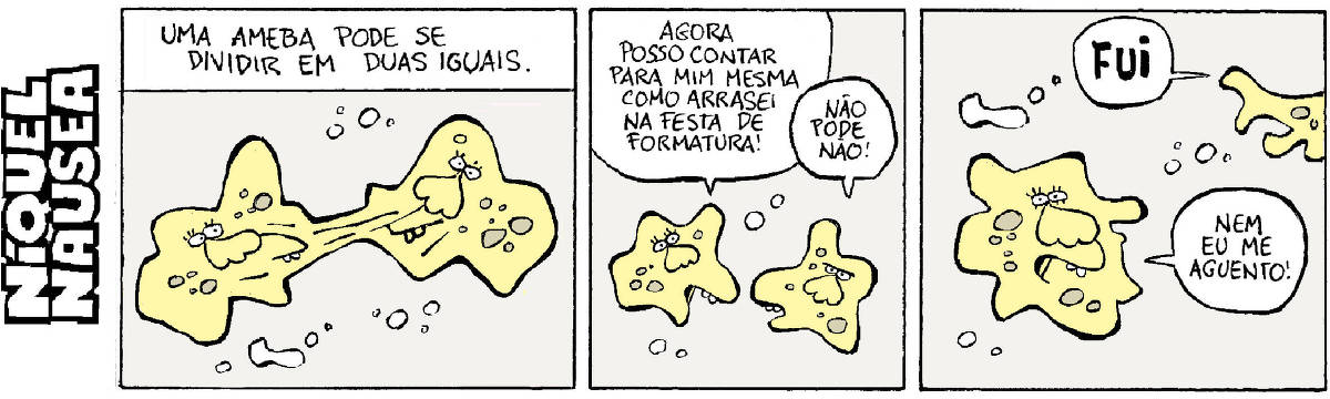 Quadrinho 01 – Uma ameba pode se dividir em duas iguais. Uma ameba se divide Quadrinho 02 – Uma das duas diz: Agora posso contar para mim mesma como arrasei na festa de formatura! A outra responde: Não pode não. Quadrinho 03 E vai embora dizendo: Fui! A primeira diz: Nem eu me aguento.