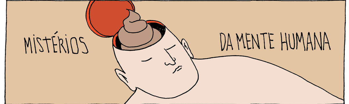 A tira de André Dahmer, publicada em 04.06.2025, tem apenas um quadro. Com a legenda "Mistérios da mente humana", mostra um homem de olhos fechados com a cabeça serrada na altura da testa. Dentro há fezes.